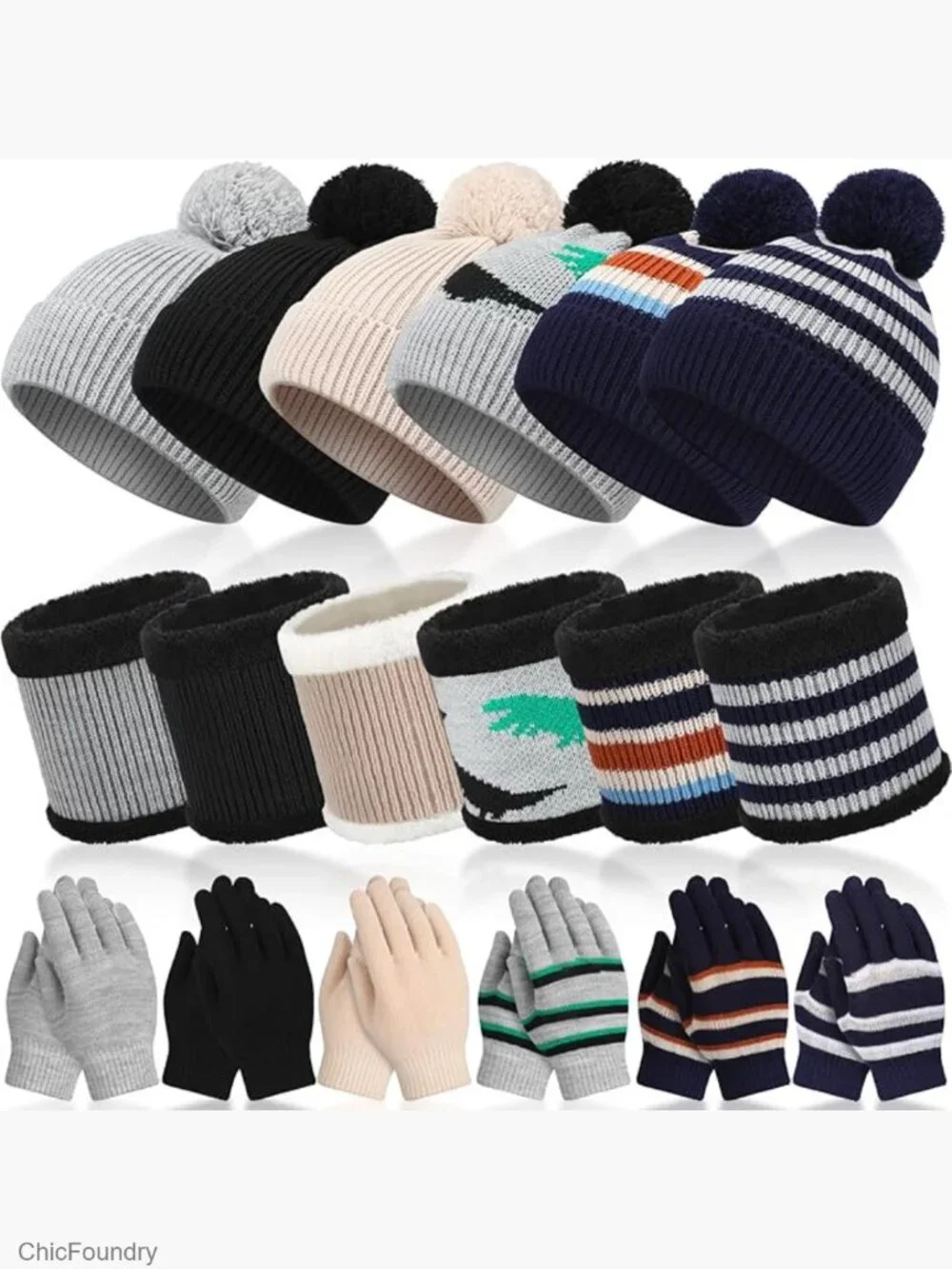 6 Pairs Kids Hat Scarf Gloves Set Winter Knit Beanie Fleece Neck Gaiters Gifts